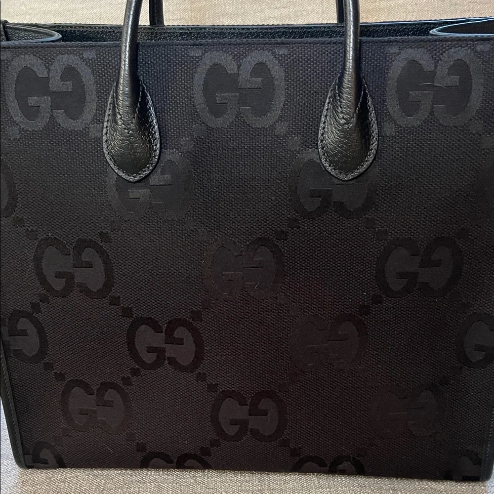 Gucci Black GG Jacquard Tote with Leather Handles